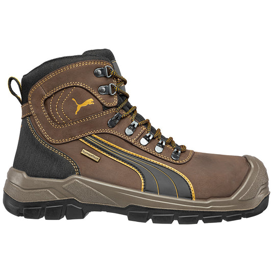 Puma Sierra Nevada Zip Sided Safety Boot, Brown; a durable work boot with a waterproof membrane, fibreglass toe cap, scuff cap, and side zip. Ideal for high-risk environments, ensuring protection and comfort.