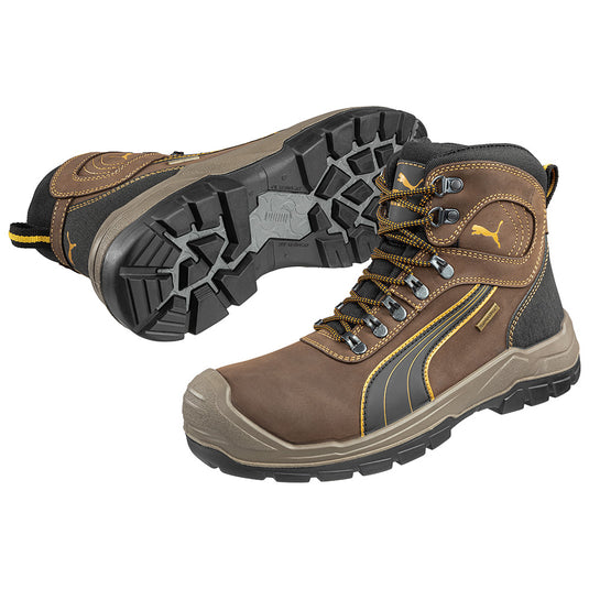 Puma Sierra Nevada Zip Sided Safety Boot, Brown, featuring a durable waterproof leather upper with a scuff cap, lightweight fibreglass toe cap, and side zip. Ideal for high-risk work environments.
