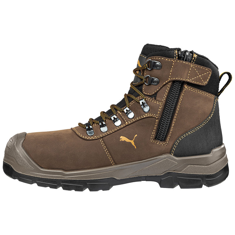 Load image into Gallery viewer, Puma Sierra Nevada Zip Sided Safety Boot, Brown, features a waterproof membrane, fibreglass toe cap, and scuff cap. Ideal for high-risk environments, designed for comfort with gel cushioning and slip-resistant sole.