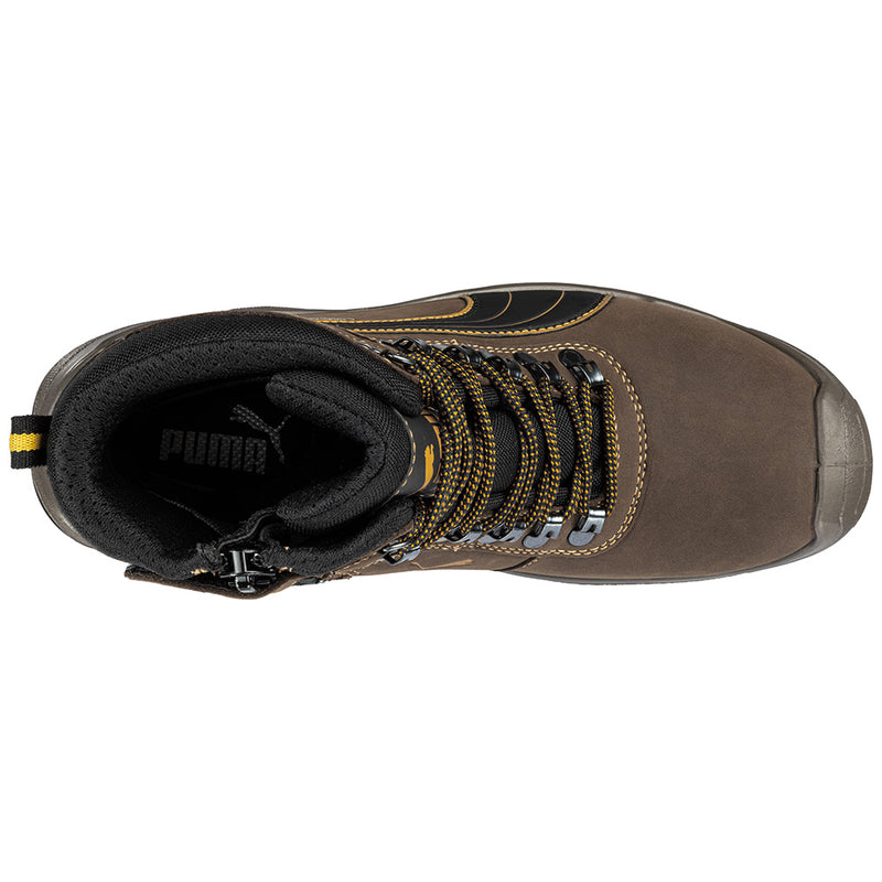 Load image into Gallery viewer, Puma Sierra Nevada Zip Sided Safety Boot, Brown, with waterproof leather upper, fibreglass toe cap, side zip, and rugged sole, designed for electrical hazard protection and comfort, ideal for high-risk work environments.