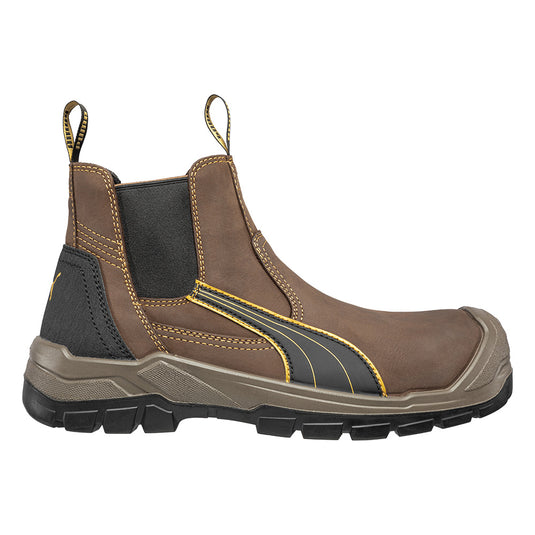 Puma Tanami Slip On Safety Boot, Brown, featuring a metal-free design with premium water-repellent leather, lightweight fibreglass toe cap, and a heat-resistant rubber outsole, ideal for safety-focused professionals.