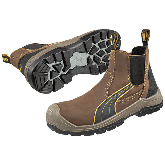 Puma Tanami Slip On Safety Boot, Brown, featuring a metal-free design, premium water-repellent waxed leather upper with an abrasion-reducing scuff cap, and a fibreglass toe cap for impact protection.