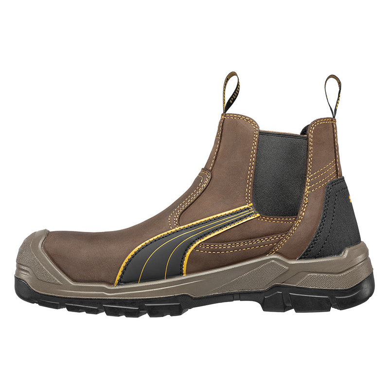 Load image into Gallery viewer, Puma Tanami Slip On Safety Boot, Brown, featuring an elastic side, water-repellent waxed leather upper, lightweight fibreglass toe cap, and heat-resistant rubber outsole with shock-absorbing gel in the heel.