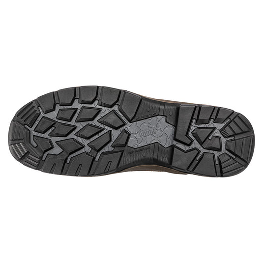 Puma Tanami Slip On Safety Boot, Brown, featuring a scuff cap toe, elastic sides, and water-repellent leather. Metal-free with fibreglass toe cap, heat-resistant outsole, and cushioning gelCELL for shock absorption.