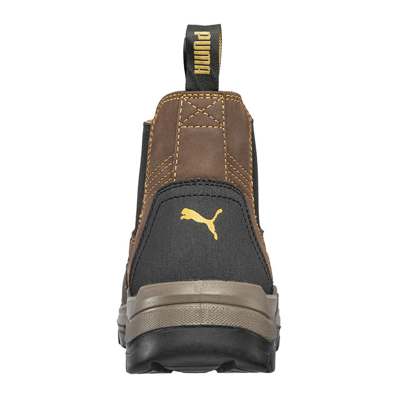 Load image into Gallery viewer, Puma Tanami Slip On Safety Boot, Brown, featuring a sleek elastic-sided design with a fibreglass toe cap, water-repellent leather upper, and durable heat-resistant outsole, perfect for workplace safety.