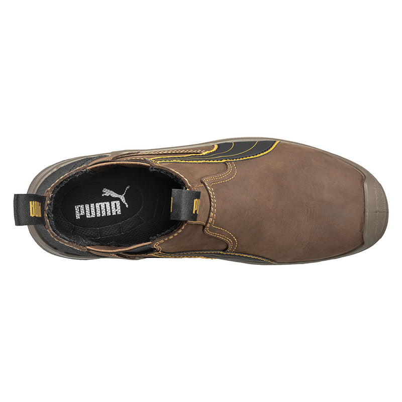 Load image into Gallery viewer, Puma Tanami Slip On Safety Boot, Brown, features a premium water-repellent leather upper, elastic sides, and a durable, heat-resistant outsole with fibreglass toe cap for impact protection. Ideal for workplace safety.