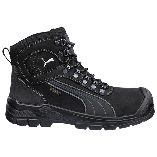 Puma Sierra Nevada Zip Sided Safety Boot, Black, featuring a waterproof breathable membrane, fibreglass toe cap, and scuff cap for durability—ideal for electrical hazard protection in demanding work environments.