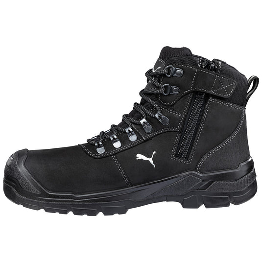 Puma Sierra Nevada Zip Sided Safety Boot features a rugged design with a waterproof breathable membrane, water-repellent waxed leather, fibreglass toe cap, and a scuff cap for enhanced durability.