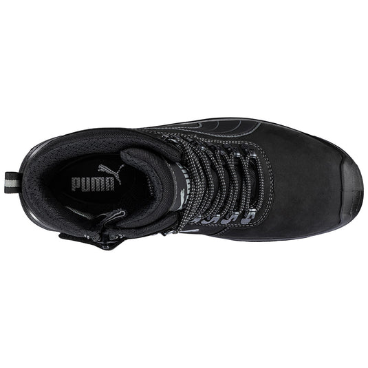Puma Sierra Nevada Zip Sided Safety Boot showcases a rugged design with a durable, water-repellent leather upper, reinforced toe cap, and zip side for easy access, ideal for high-risk work environments.