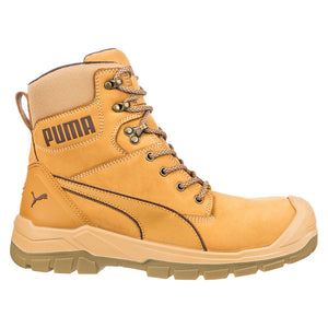 Puma Conquest Zip, Waterproof Safety Boots, Wheat, featuring a high-cut design with a side zip, fibreglass toe cap, and scuff cap, ideal for protection in hazardous workplaces.