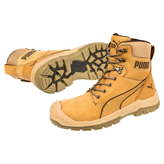 Puma Conquest Zip, Waterproof Safety Boots, Wheat; high-cut design with a side zip, featuring water-repellent nubuck leather, fibreglass toe cap, and heat-resistant rubber outsole, ideal for workplace safety.