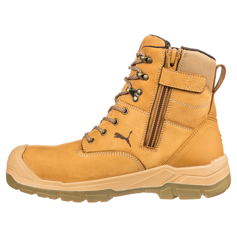 Load image into Gallery viewer, Puma Conquest Zip, Waterproof Safety Boots, Wheat: High-cut boots with a zip side, premium water-repellent nubuck leather, fibreglass toe cap, and rubber outsole, designed for electrical and heat resistance.