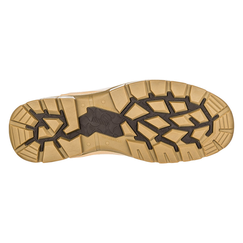 Load image into Gallery viewer, Puma Conquest Zip Waterproof Safety Boots in Wheat feature a high-cut design with side zip, fibreglass toe cap, and water-repellent nubuck leather, ideal for protection and comfort in demanding work environments.