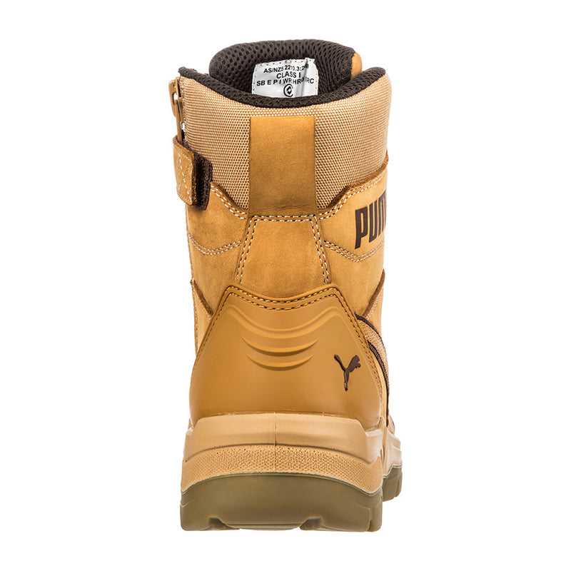 Load image into Gallery viewer, Puma Conquest Zip, Waterproof Safety Boots, Wheat, featuring high-cut design with fibreglass toe cap, zip side, and water-repellent nubuck leather, ideal for electrical hazard protection and workplace safety.