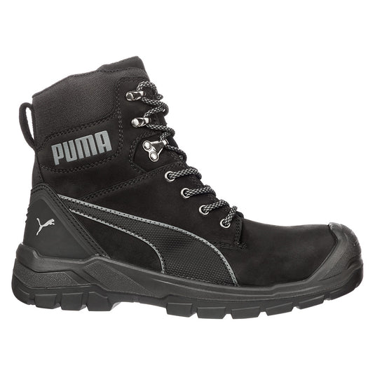 Puma Conquest Zip, Waterproof Safety Boots, Black; high-cut boots with zip side, featuring a waterproof nubuck leather upper, fibreglass toe cap, and heat-resistant rubber outsole for enhanced safety and durability.
