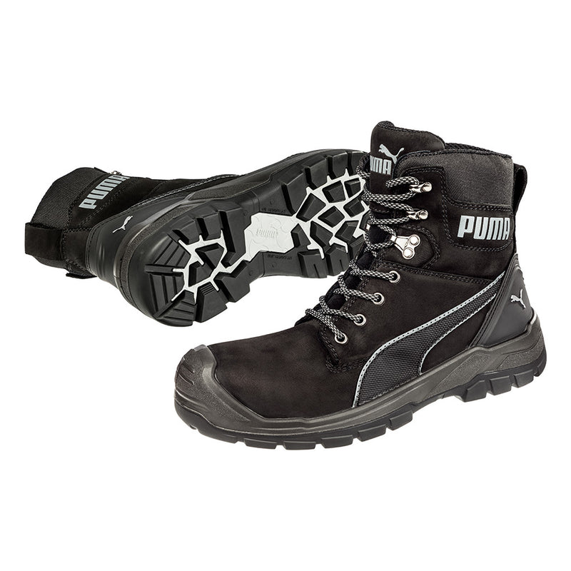 Load image into Gallery viewer, Puma Conquest Zip, Waterproof Safety Boots in black featuring a high-cut design with a zip side, fibreglass toe cap, and a scuff-resistant toe area. Ideal for workplace safety and comfort.
