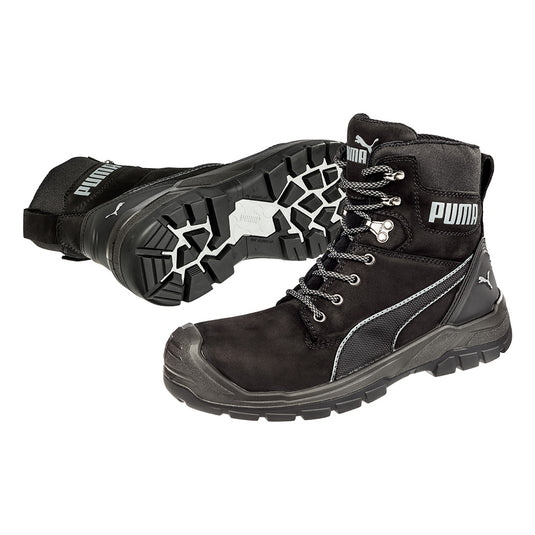 Puma Conquest Zip, Waterproof Safety Boots in black featuring a high-cut design with a zip side, fibreglass toe cap, and a scuff-resistant toe area. Ideal for workplace safety and comfort.