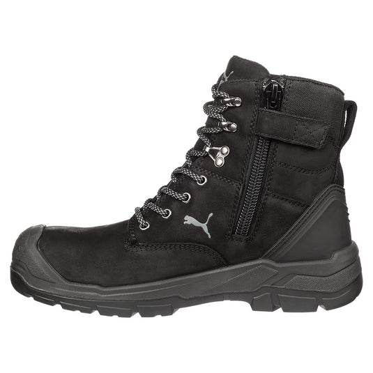 Puma Conquest Zip, Waterproof Safety Boots, Black: High-cut boots with a zip side, featuring water-repellent nubuck leather, a scuff cap, and a fibreglass toe cap. Ideal for electrical hazard protection and sharp object resistance.