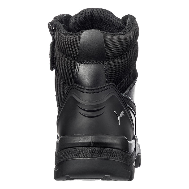 Load image into Gallery viewer, Puma Conquest Zip, Waterproof Safety Boots, Black, featuring a high-cut design with a side zip, premium water-repellent nubuck leather, fibreglass toe cap, and rugged, heat-resistant rubber sole for enhanced workplace protection.