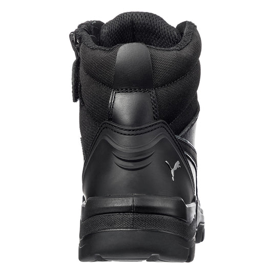 Puma Conquest Zip, Waterproof Safety Boots, Black, featuring a high-cut design with a side zip, premium water-repellent nubuck leather, fibreglass toe cap, and rugged, heat-resistant rubber sole for enhanced workplace protection.