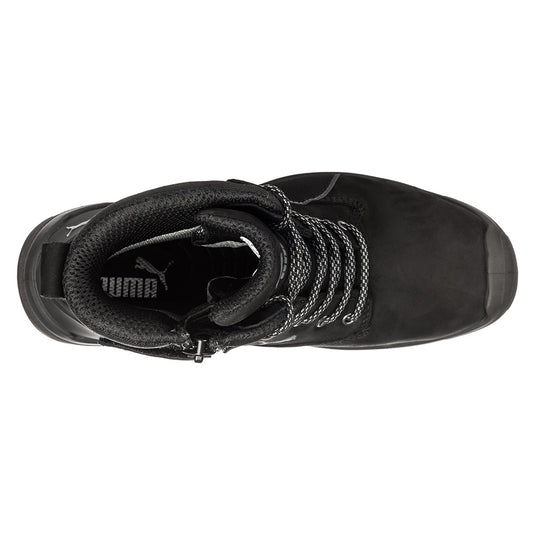 Puma Conquest Zip, Waterproof Safety Boots in black feature a high-cut design with a side zip, waterproof nubuck leather, and fibreglass toe cap, ideal for electrical hazard protection and workplace safety.