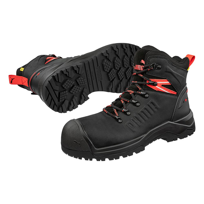 Load image into Gallery viewer, Puma Iron 6 Inch Zip Sided Safety Boot, Black, showcases rugged construction with red accents, metal-hook eyelets, and reinforced toe for protection, embodying Active Safety's commitment to durable workplace footwear.