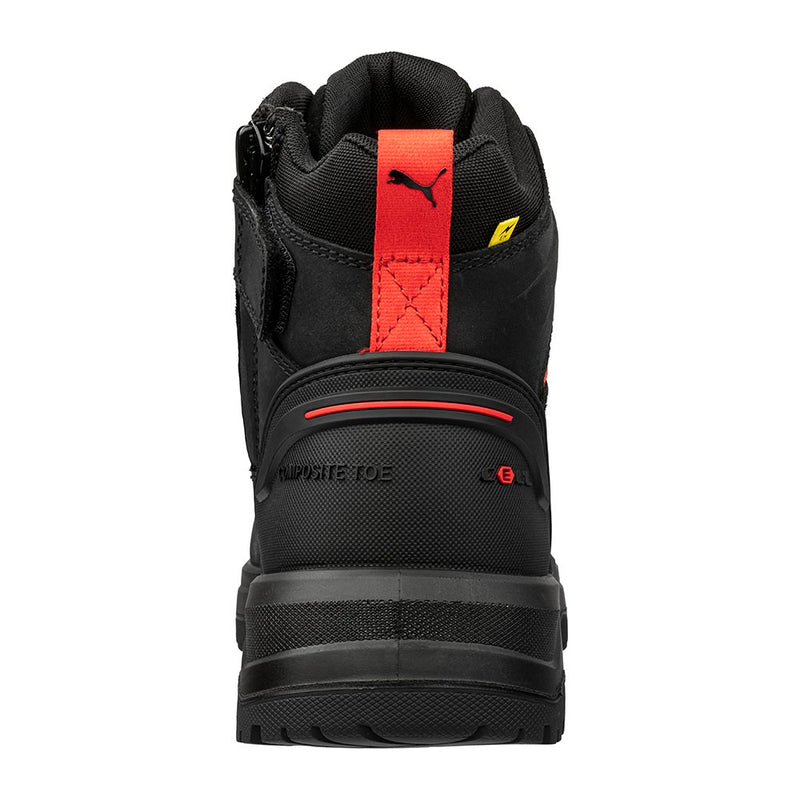Load image into Gallery viewer, Puma Iron 6 Inch Zip Sided Safety Boot, Black: Rear view highlighting red accents, composite toe, robust tread, and red pull-tab with Puma logo, embodying style and safety for demanding work environments.
