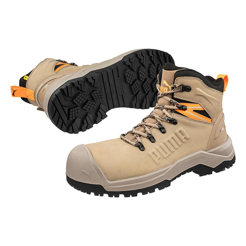 Load image into Gallery viewer, Puma Iron 6 Inch Zip Sided Safety Boot, Stone, showcasing a rugged tan design with metal lace hooks, reinforced toes, and a black, deeply lugged outsole for superior grip and protection.