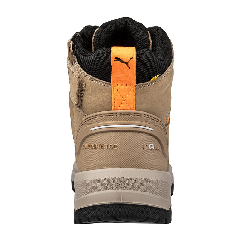 Load image into Gallery viewer, Puma Iron 6 Inch Zip Sided Safety Boot, Stone, showcasing a rugged tan-and-black design with an orange heel pull tab, composite toe marking, and slip-resistant sole, combining style and workplace safety.