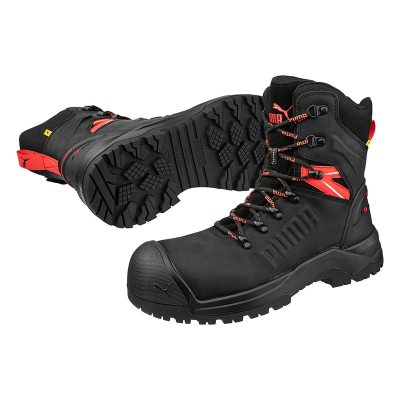 Load image into Gallery viewer, Puma Iron HD 8 Inch Zip Sided Safety Boot in black, featuring a fibreglass toe cap, red accents, deeply lugged rubber outsole, and mixed material uppers with metal eyelets, designed for durability and comfort.