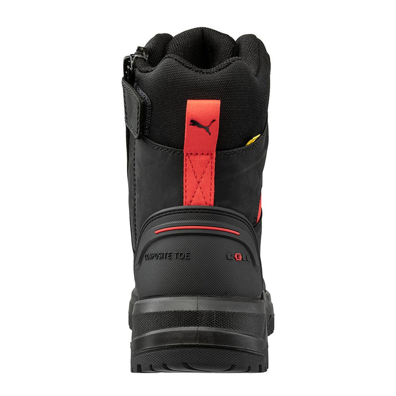 Load image into Gallery viewer, Puma Iron HD 8 Inch Zip Sided Safety Boot, Black, rear view showing chunky industrial outsole, red accented design, and COMPOSITE TOE on heel with Puma logo pull-tab.