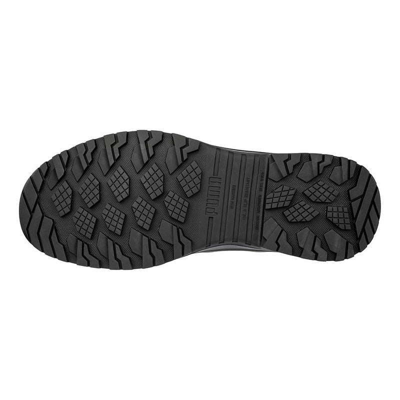 Load image into Gallery viewer, Underside of the Puma Iron HD 8 Inch Zip Sided Safety Boot, Black, showcasing its black rubber sole with a lugged geometric tread pattern and central PUMA logo, emphasizing grip and durability.