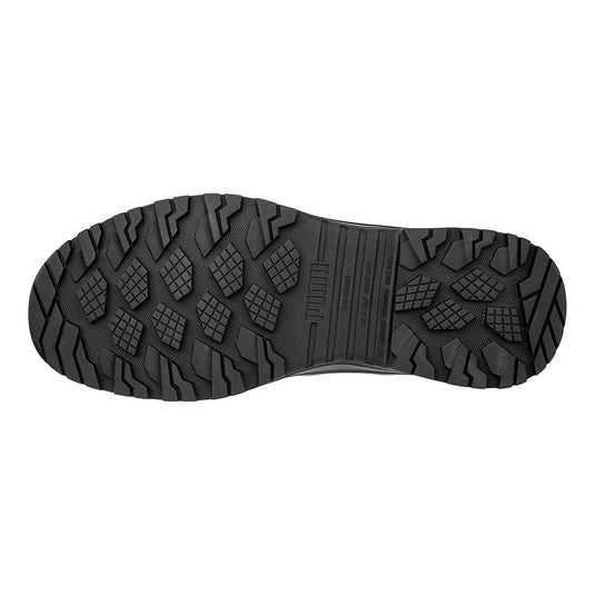 Underside of the Puma Iron HD 8 Inch Zip Sided Safety Boot, Black, showcasing its black rubber sole with a lugged geometric tread pattern and central PUMA logo, emphasizing grip and durability.