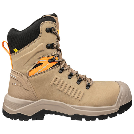 Puma Iron HD 8 Inch Zip Side Safety Boot, Stone, features a rugged design with a fibreglass toe cap, premium oiled leather upper, and slip-resistant sole, ideal for demanding work environments.
