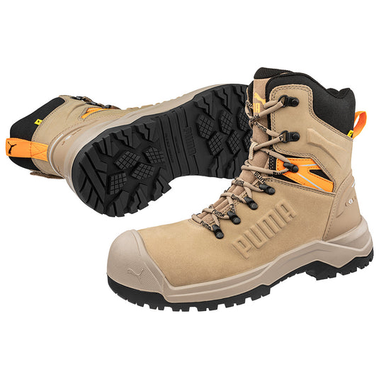 Puma Iron HD 8 Inch Zip Side Safety Boot, Stone, showcasing a robust design with fibreglass toe cap, premium oiled leather, and slip-resistant outsole, ideal for demanding work environments.
