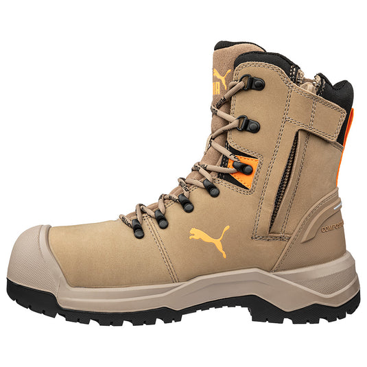 Puma Iron HD 8 Inch Zip Side Safety Boot in stone, featuring a fibreglass toe cap, oiled leather upper, and slip-resistant outsole, designed for durability and style in demanding work environments.