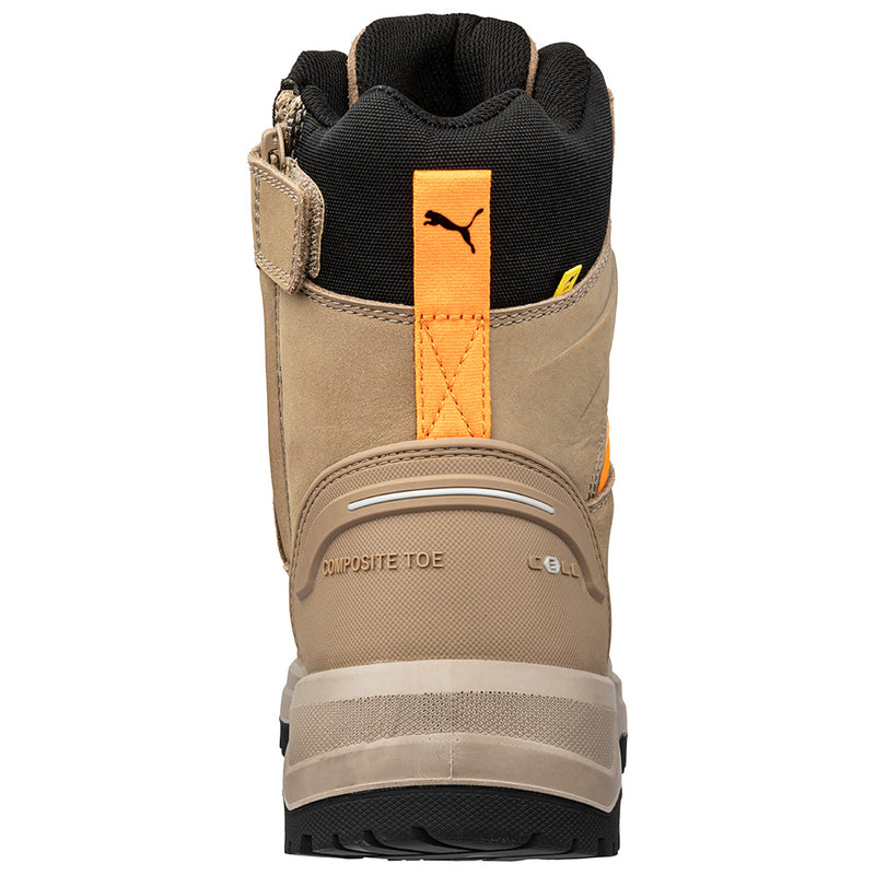 Load image into Gallery viewer, Puma Iron HD 8 Inch Zip Side Safety Boot, Stone; features a durable design with a fibreglass toe cap, sturdy oiled leather upper, and slip-resistant outsole, ideal for demanding work environments.