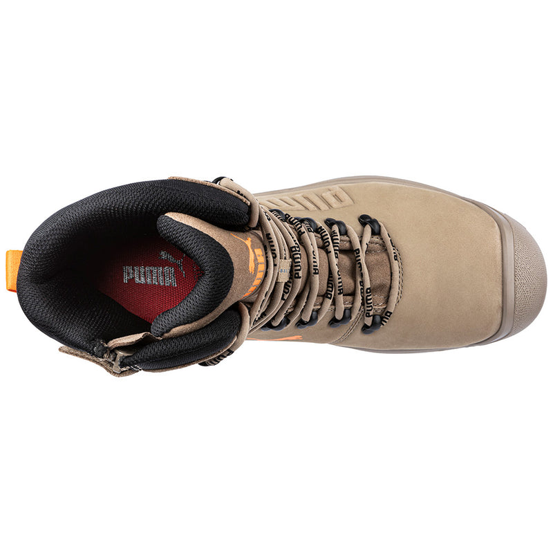 Load image into Gallery viewer, Puma Iron HD 8 Inch Zip Side Safety Boot showcases rugged design with fibreglass toe cap, padded dust flap, and slip-resistant outsole, ideal for construction and industrial workers.