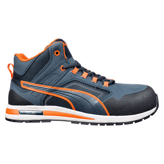 Puma Crosstwist Safety Shoe, Blue/Orange, featuring a nubuck leather upper with scuff cap toe protection, lightweight composite toe cap, and idCell shock absorber for enhanced comfort, ideal for workplace safety.