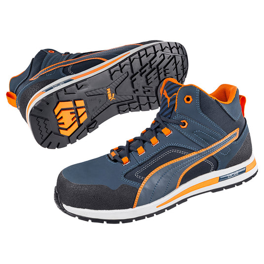 Puma Crosstwist Safety Shoe, Blue/Orange, featuring a durable nubuck finished coated leather upper with a scuff cap, lightweight composite toe cap, and idCell shock absorber for enhanced comfort and protection.