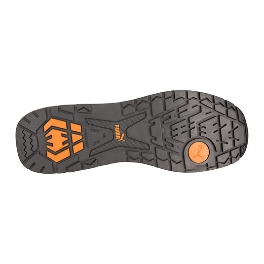 Puma Crosstwist Safety Shoe, Blue/Orange, featuring a durable nubuck coated leather upper with scuff cap, composite toe cap, and idCell shock absorber for enhanced comfort, ideal for workplace safety.