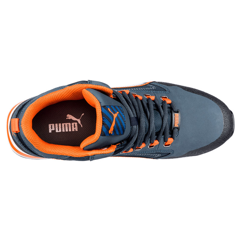 Load image into Gallery viewer, Puma Crosstwist Safety Shoe, Blue/Orange, features a nubuck leather upper with scuff cap toe protection, and a composite toe cap. Enhanced comfort with idCell shock absorber and Evercushion insole, ideal for workplace safety.