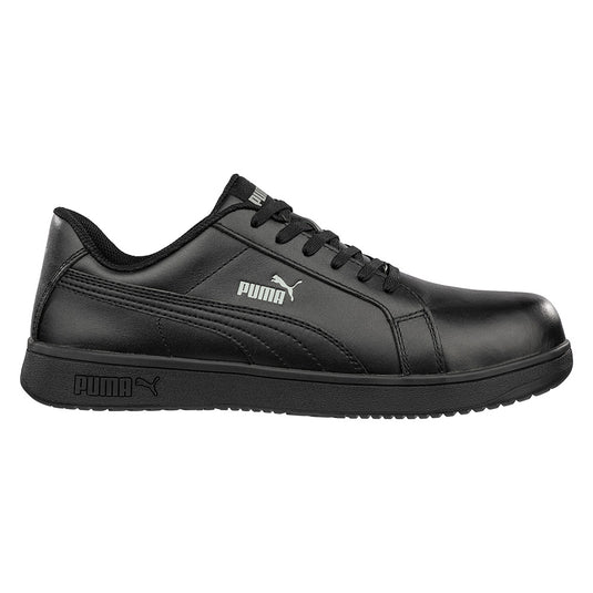 Puma Iconic Safety Shoe, Black, featuring a sleek design with a water-repellent leather upper, lightweight fiberglass toe cap, and durable, heat-resistant rubber outsole with a herringbone pattern for enhanced safety.