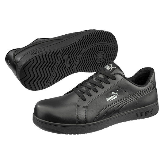 Puma Iconic Safety Shoe, Black, featuring a sleek water-repellent leather upper, lightweight fiberglass toe cap, and a durable, slip-resistant rubber outsole with herringbone pattern, ideal for workplace safety.