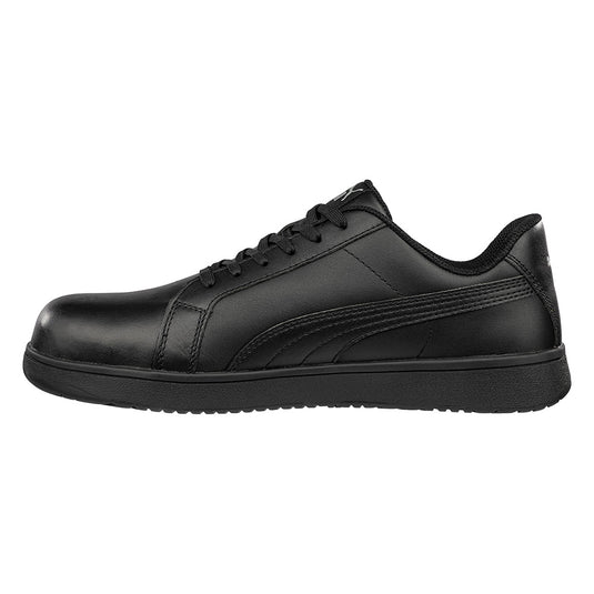 Puma Iconic Safety Shoe, Black, featuring a smooth leather upper with BreathActive lining, fibreglass toe cap, and slip-resistant herringbone-patterned sole, exemplifying durability and comfort for workplace safety.