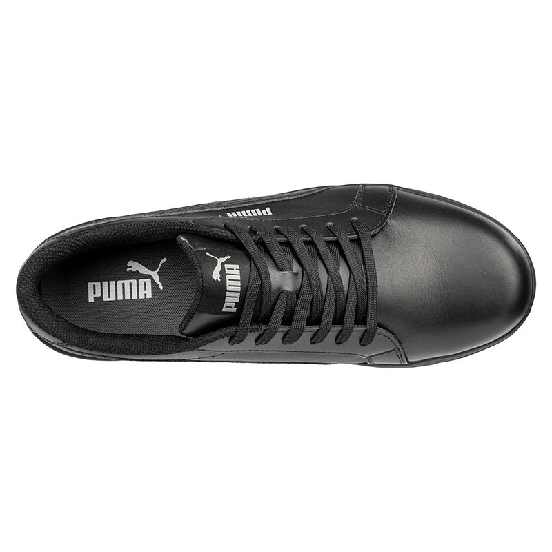 Load image into Gallery viewer, Puma Iconic Safety Shoe, Black, featuring a water-repellent leather upper, lightweight fibreglass toe cap, and a slip-resistant rubber sole with herringbone pattern, designed for safety and comfort.
