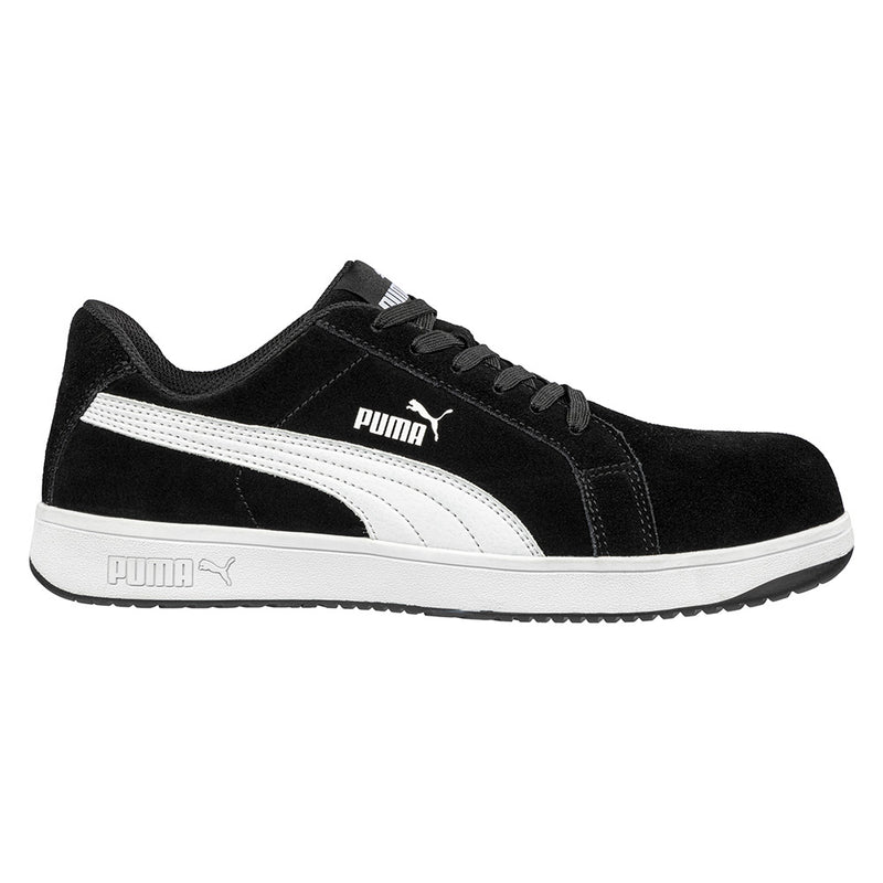 Load image into Gallery viewer, Puma Iconic Suede Safety Shoe, Black/White, features a suede leather upper with a sleek design, lightweight fibreglass toe cap, and a robust herringbone-patterned outsole for optimal safety and comfort.