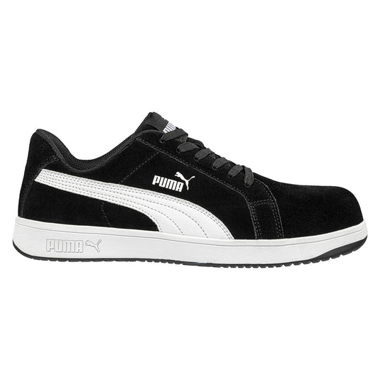 Puma Iconic Suede Safety Shoe, Black/White, features a suede leather upper with a sleek design, lightweight fibreglass toe cap, and a robust herringbone-patterned outsole for optimal safety and comfort.