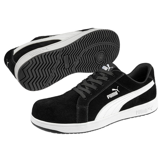 Puma Iconic Suede Safety Shoe, Black/White, featuring a suede leather upper and lightweight fibreglass toe cap, designed for comfort and safety with idCELL shock absorption and slip-resistant rubber sole.