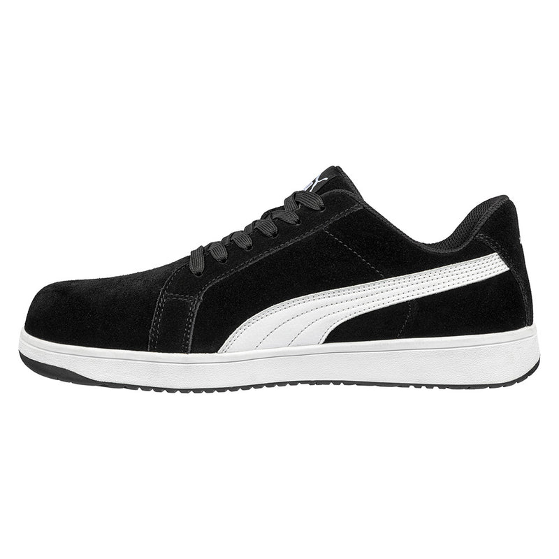 Load image into Gallery viewer, Puma Iconic Suede Safety Shoe, Black/White features a suede leather upper with a slip-resistant, heat-resistant rubber sole. Designed with a lightweight fibreglass toe cap and BreathActive lining for comfort and safety.